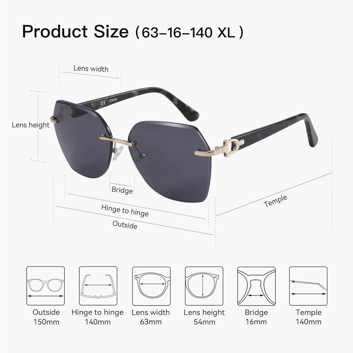 Randlose Damen Sonnenbrille mit UV400 Schutz, geometrisch, grau