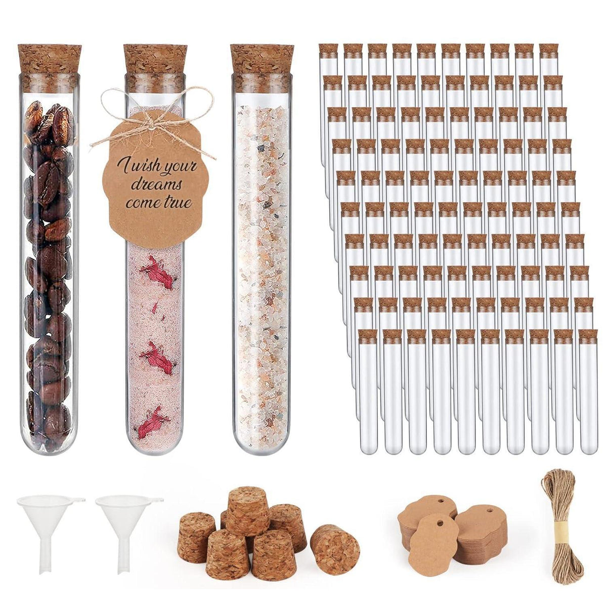 100x Reagenzgläser Kunststoff 20ml mit Korken & Hanfseil