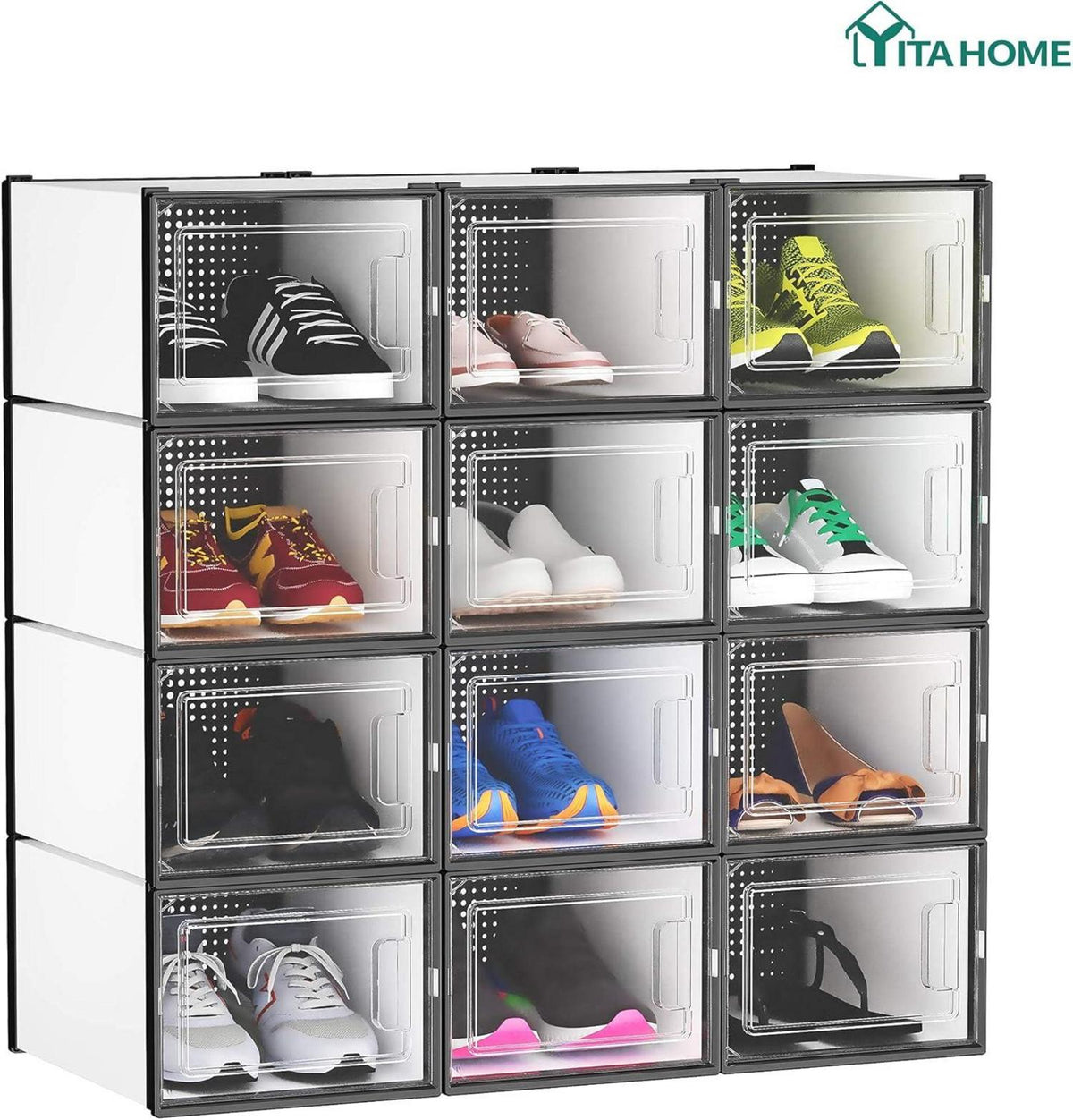 YITAHOME 12er Schuhboxen Set Stapelbar Stabil Belüftet Transparent Größe 46