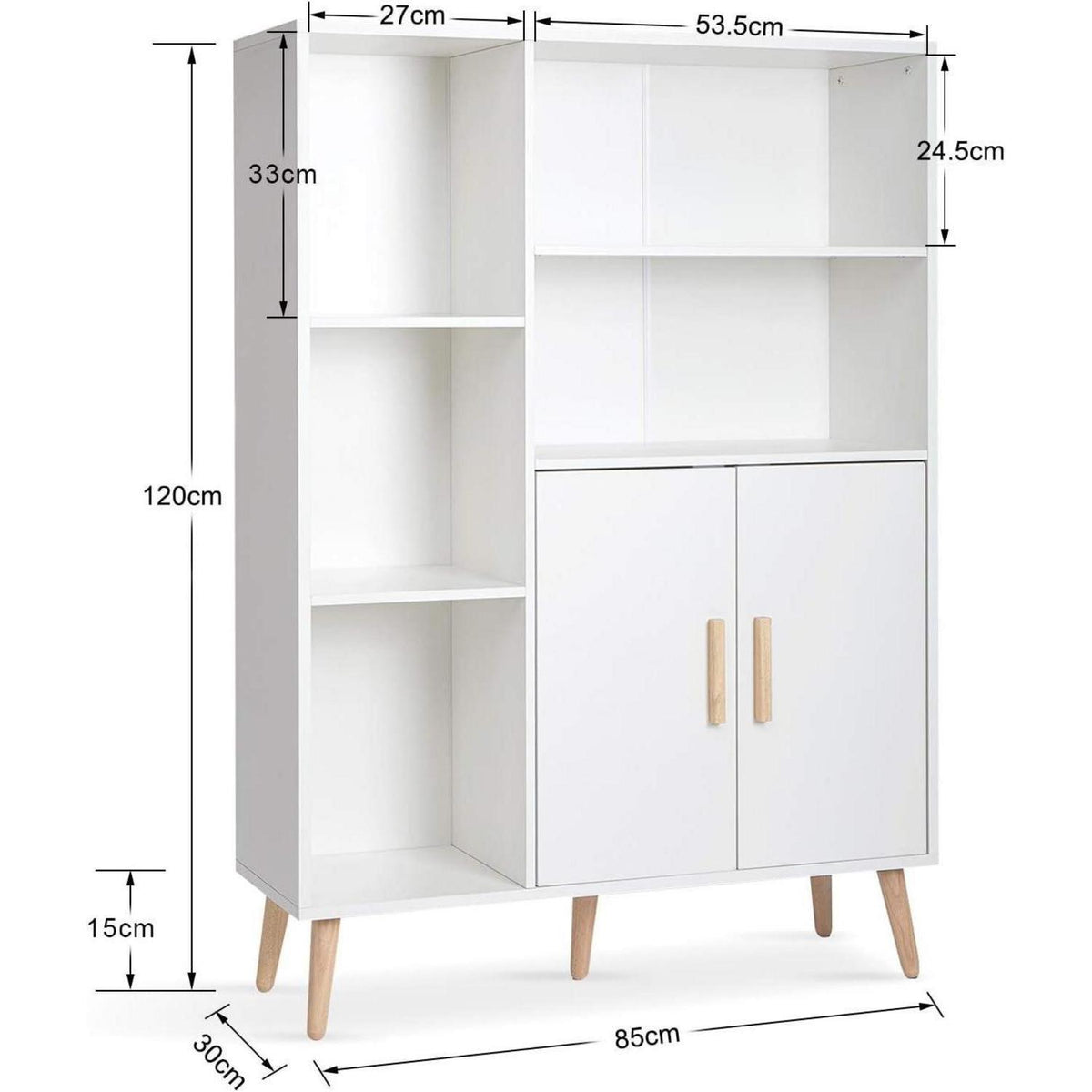 Weißes Sideboard mit 2 Türen & 5 Fächern – 85x30x120 cm