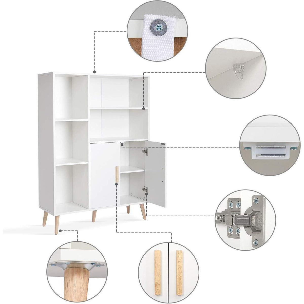 Weißes Sideboard mit 2 Türen & 5 Fächern – 85x30x120 cm