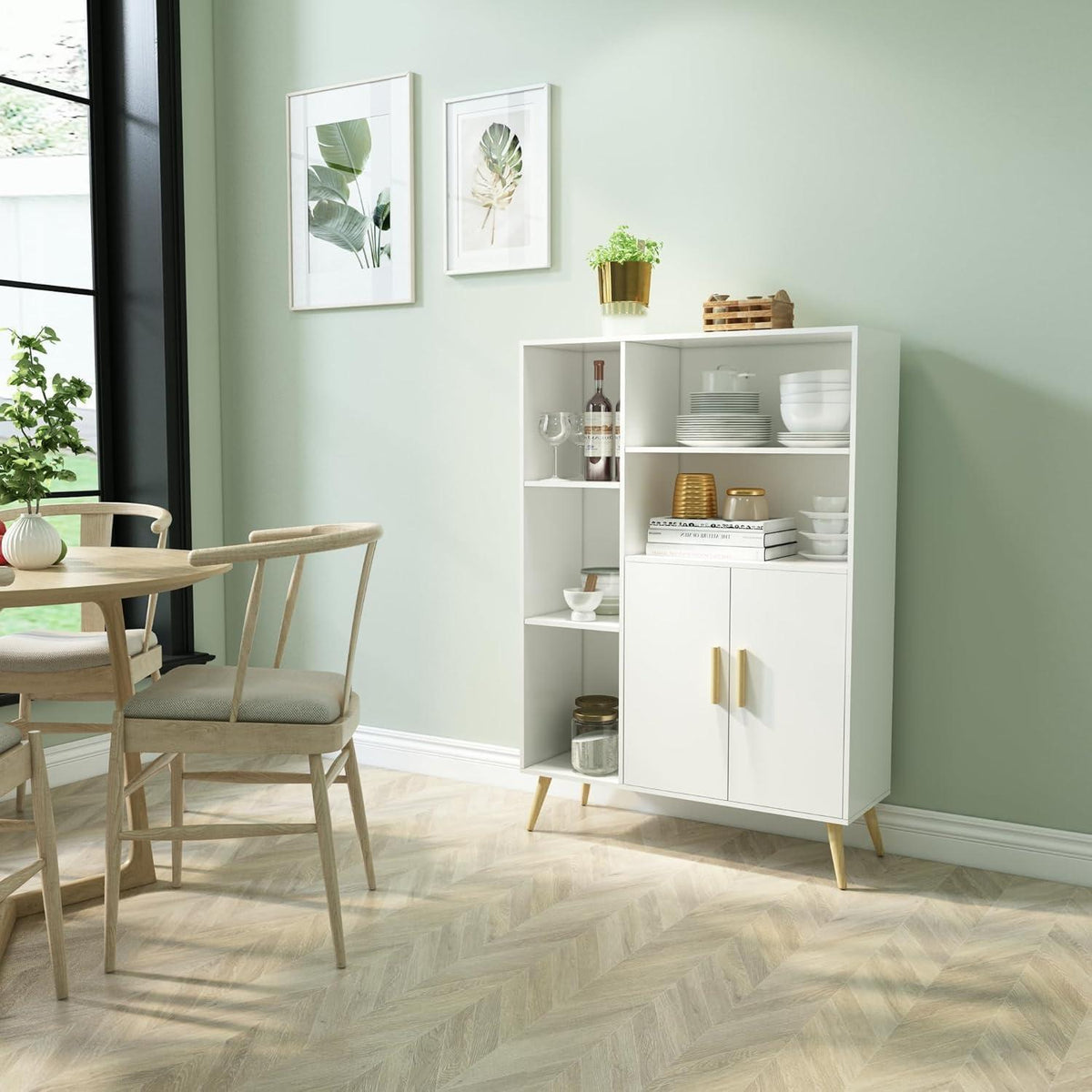 Weißes Sideboard mit 2 Türen & 5 Fächern – 85x30x120 cm