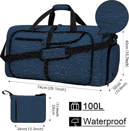 Faltbare Reisetasche 100L Schwarz Sporttasche mit Schuhfach