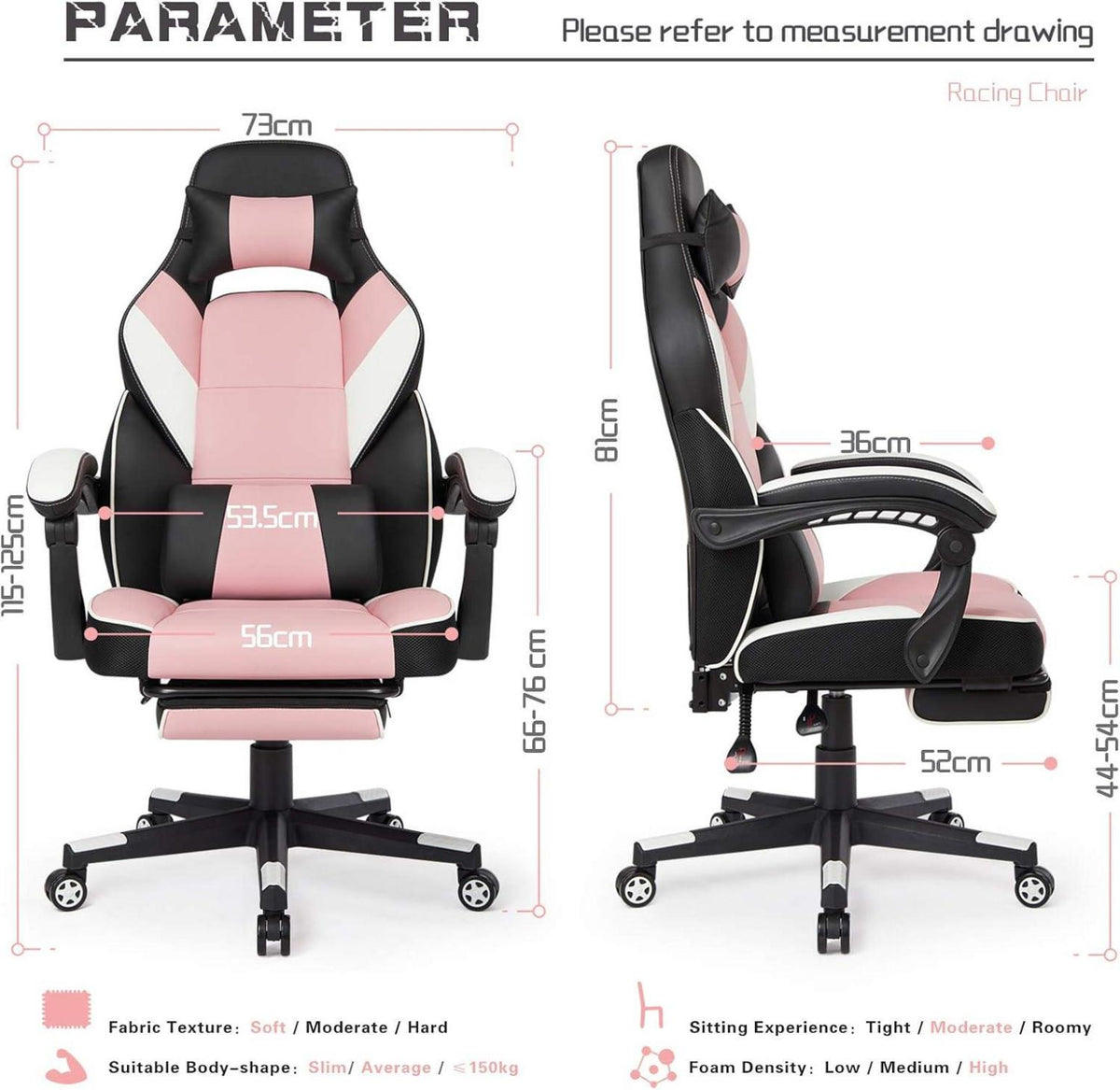 Gaming Stuhl Ergonomischer Gamer Racing Bürostuhl Rosa
