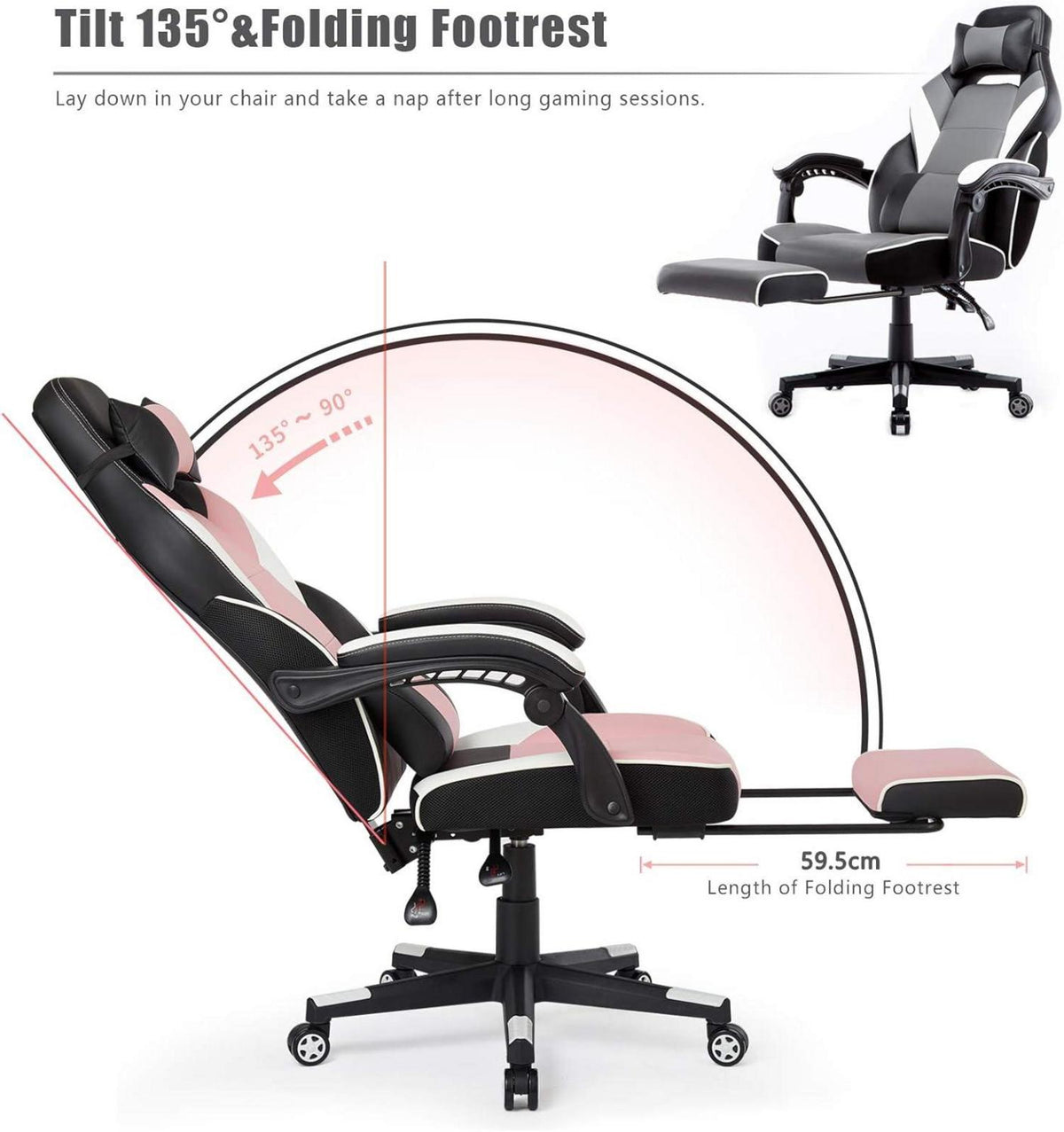 Ergonomischer Gaming Stuhl verstellbare Armlehnen Racing Bürostuhl 150KG Rosa