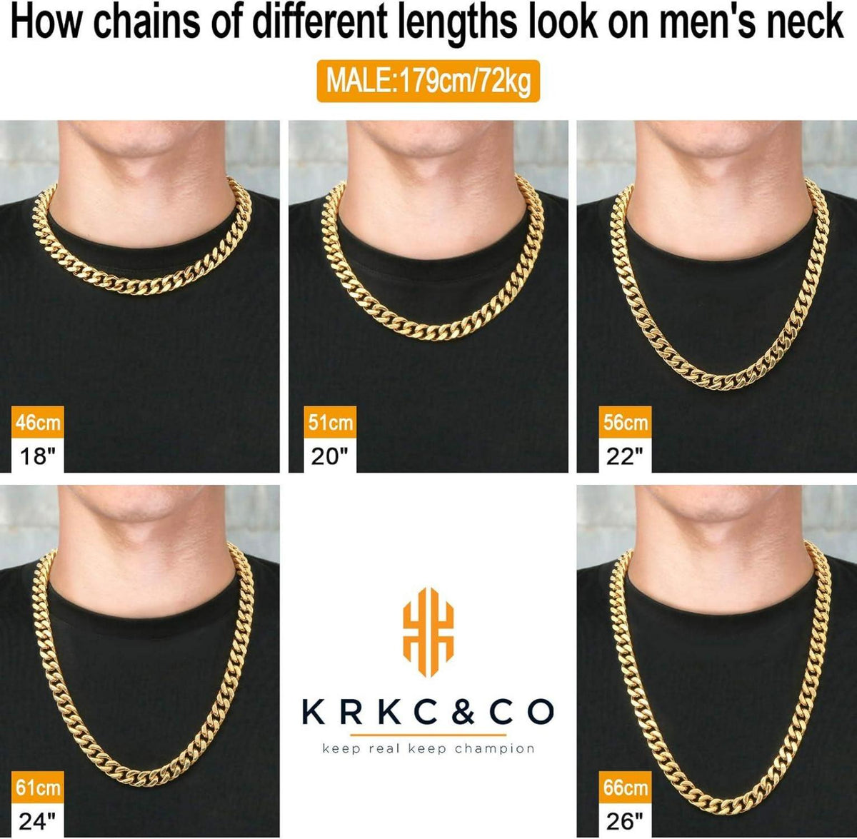 KRKC&CO Herren Panzerkette 18K Gold Weißgold Cuban Link Chain 61cm 12mm