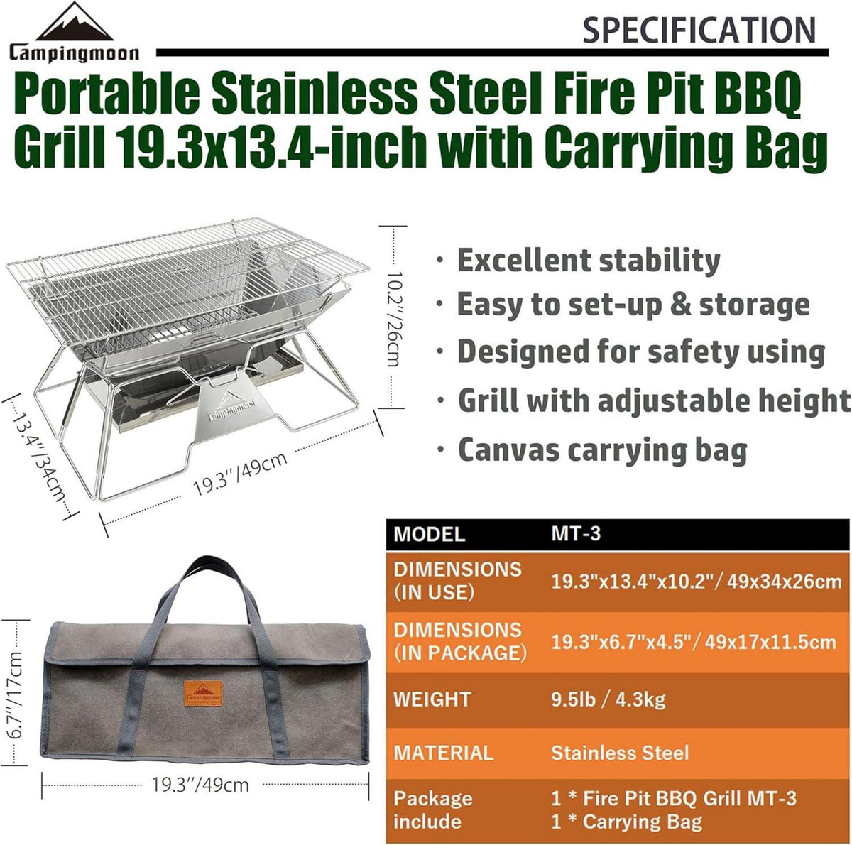 Tragbarer Camping-Grill Edelstahl faltbar Holzkohle 50,8 x