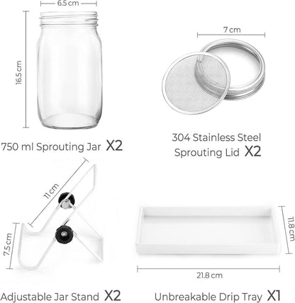 Sprossen Keimglas Set Sprouting jar Filtergitter Edelstahl Ständer