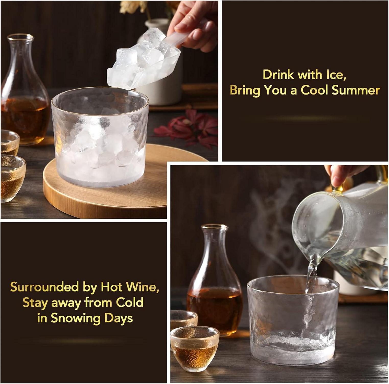 Japanisches Sake-Set für 4 Personen Glashammermuster Goldverzierung Transparent