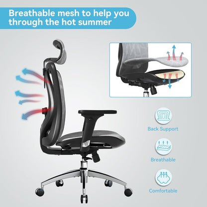 Ergonomischer Bürostuhl mit 3D-Armlehnen und Lendenstütze (Grau)