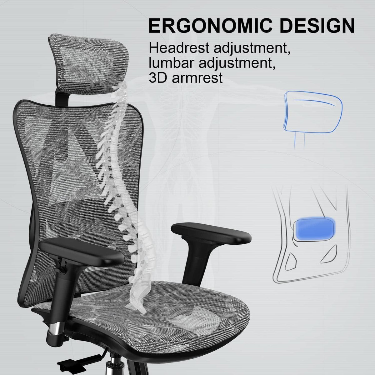 Ergonomischer Bürostuhl mit 3D-Armlehnen und Lendenstütze (Grau)