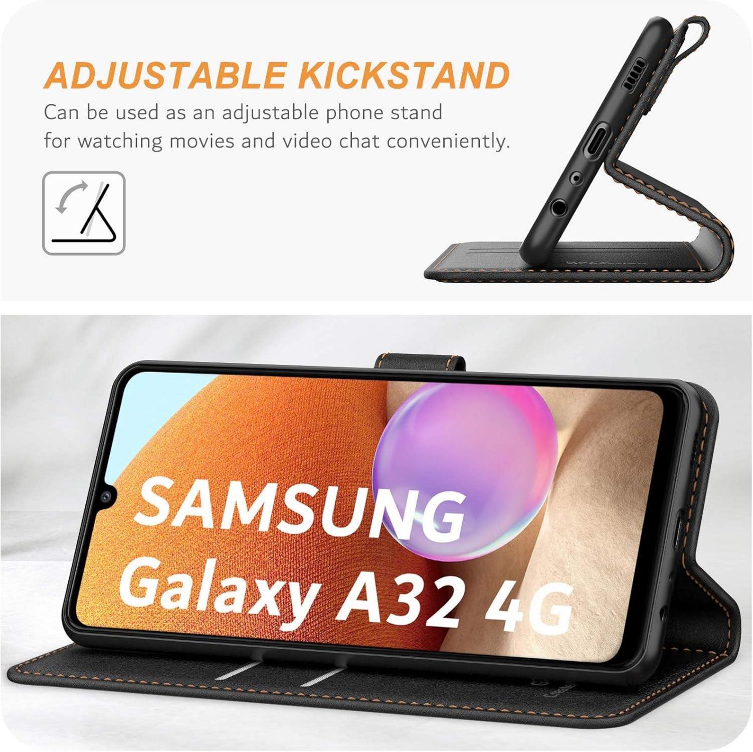 Samsung Galaxy A32 4G Leder Handyhülle Schwarz Kartenfach Magnet Stand