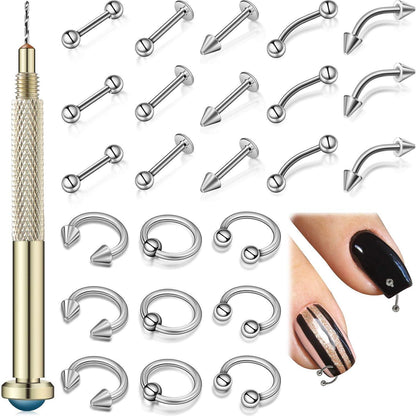 25x Nagelkunst Charms Set mit Piercing Werkzeug & Ringe