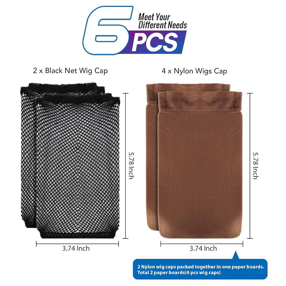 6er Pack Schwarze und Dunkelbraune Perückenkappen aus Nylon