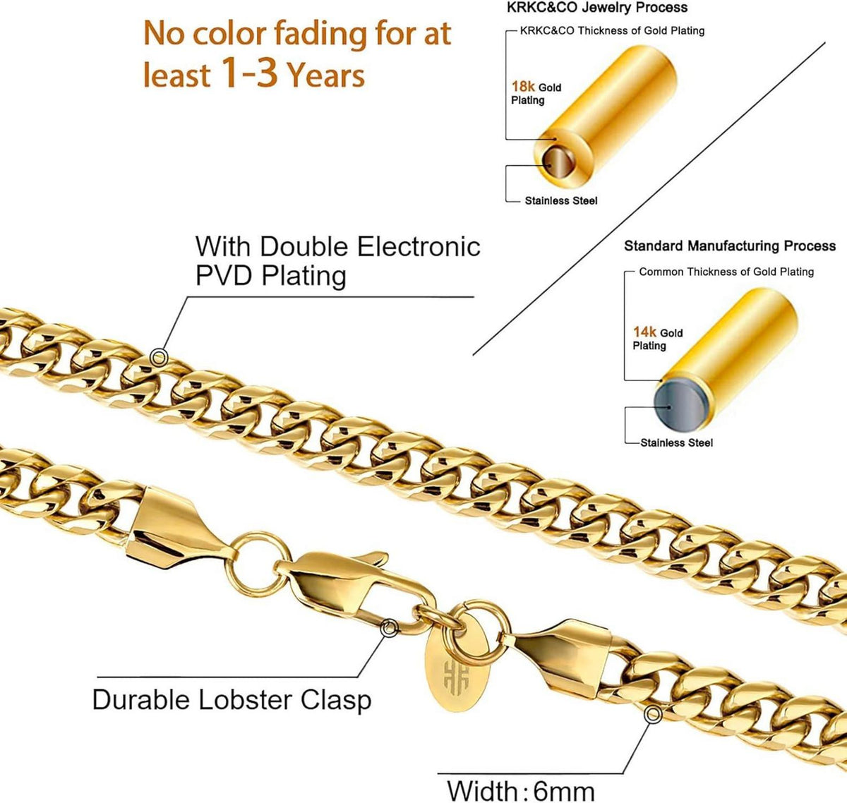 KRKC&CO Panzerkette Herren Edelstahl 6mm Gold Vergoldet Cuban Link Chain 66cm