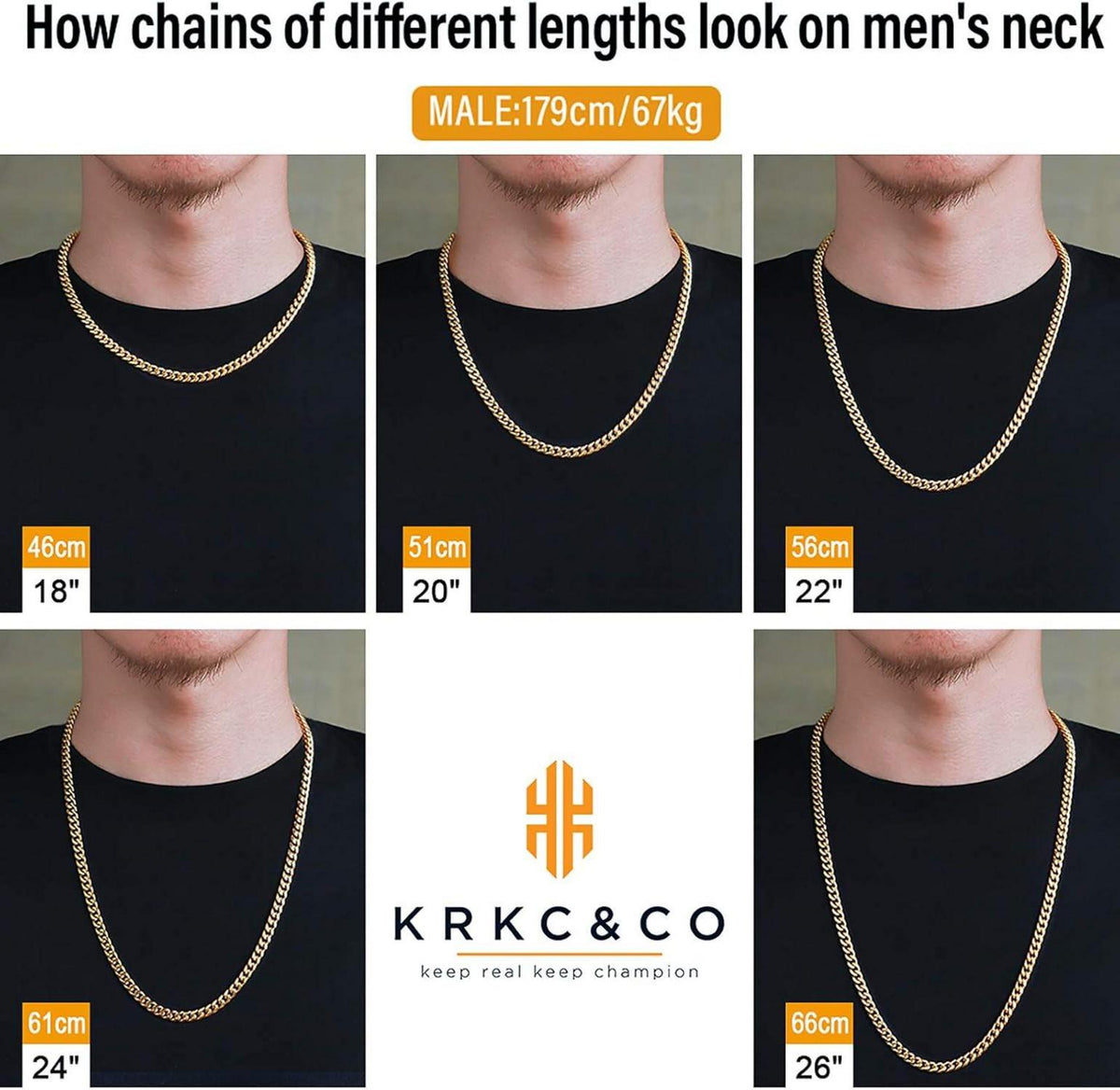 KRKC&CO Panzerkette Herren Edelstahl 6mm Gold Vergoldet Cuban Link Chain 66cm