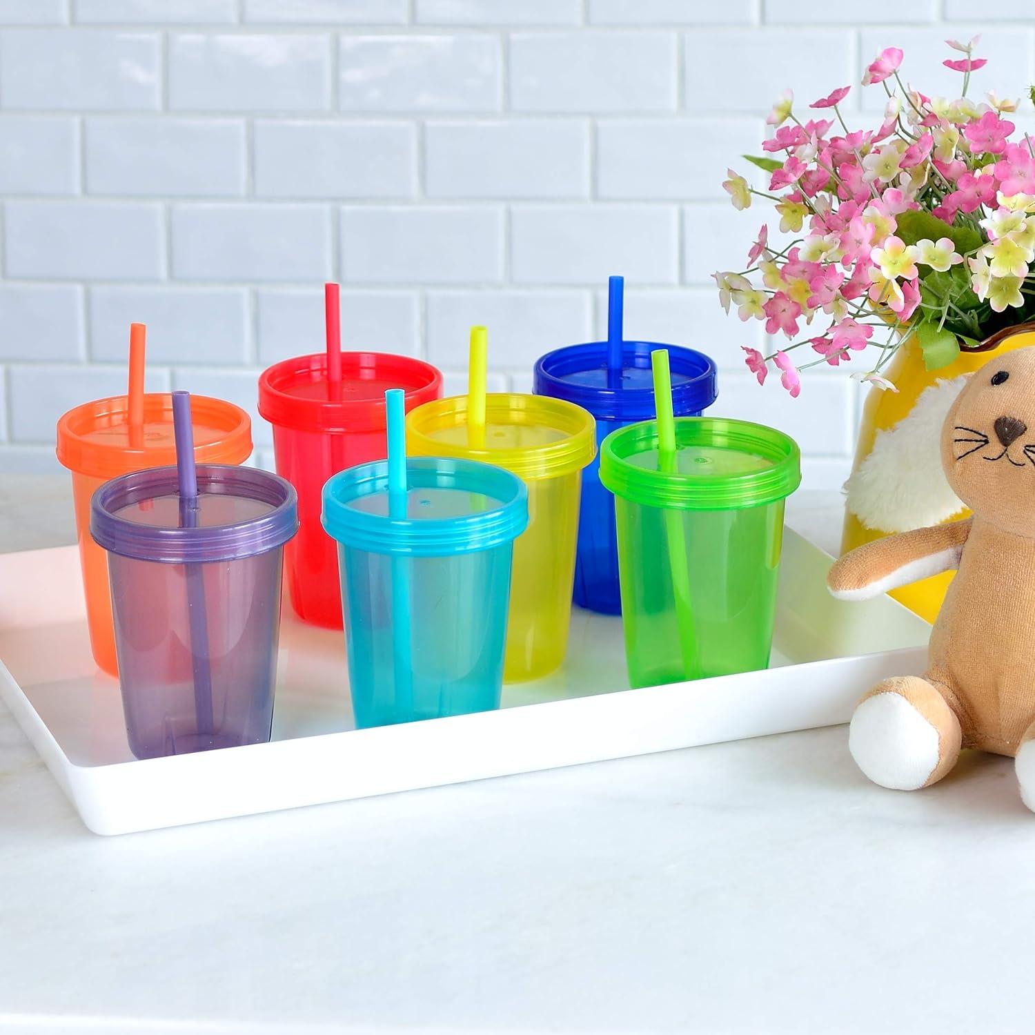 Kinderbecher 330ml 7er Pack mit Strohhalm & Deckel in 7 Farben