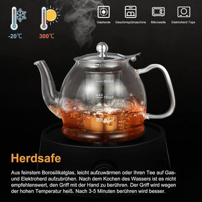 Glaskanne 1000ML mit Siebeinsatz - Borosilikatglas Teekanne