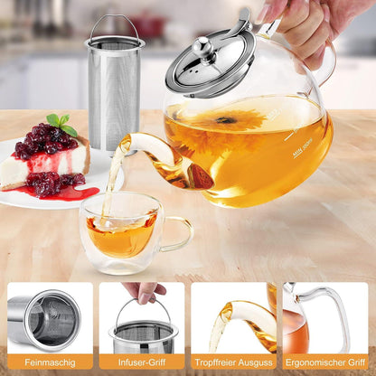 Teekanne Glas 1000ML mit Siebeinsatz Borosilikatglas Teeservice Spülmaschinenfest
