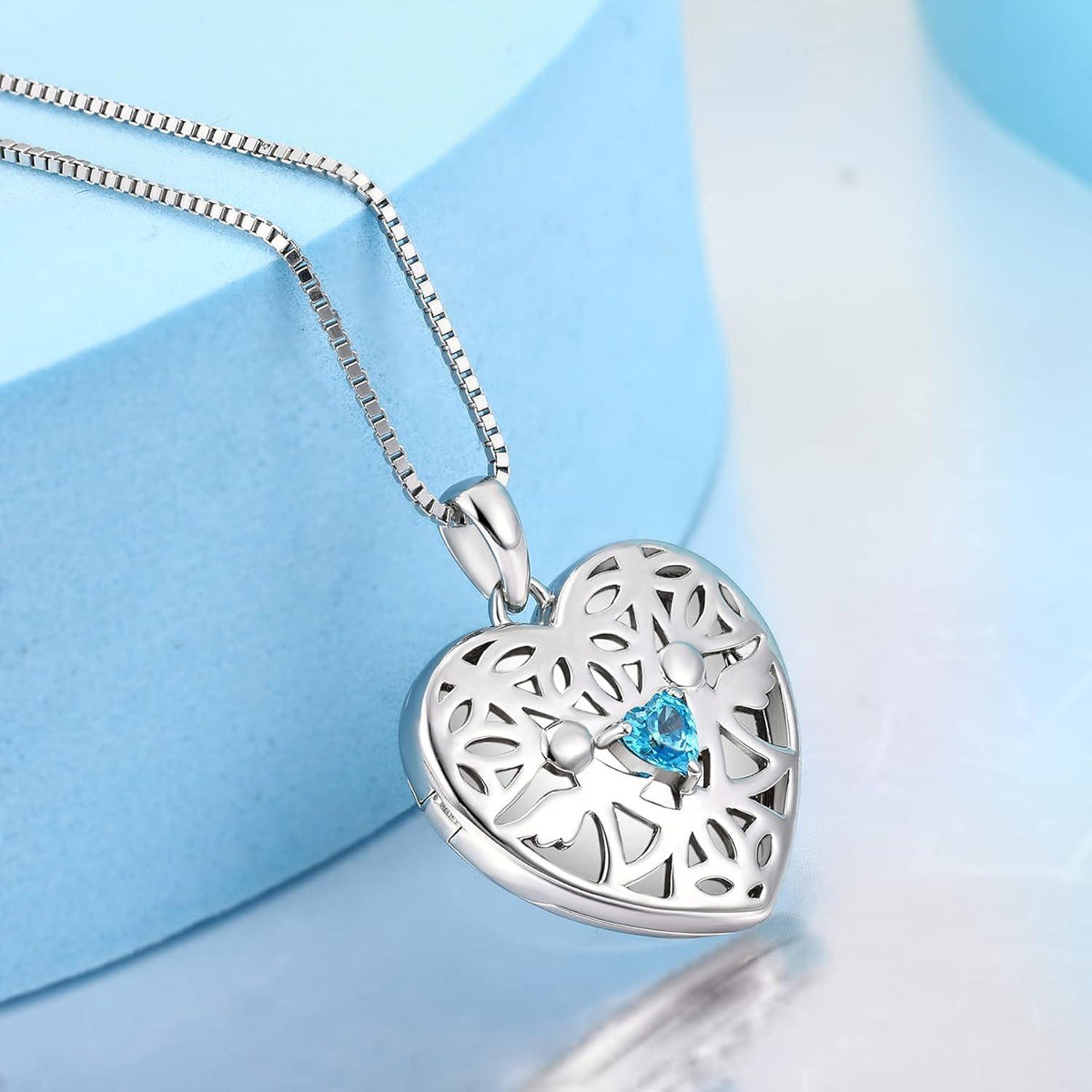 Herz Foto Medaillon Anhänger Schutzengel Kette Aquamarin