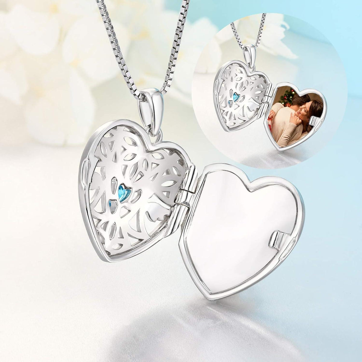 Sterling Silber Herz Foto Medaillon Anhänger Schutzengel Kette Aquamarin Memory Medaillon 925 Zirkonia Chunky Luxus Schmuck