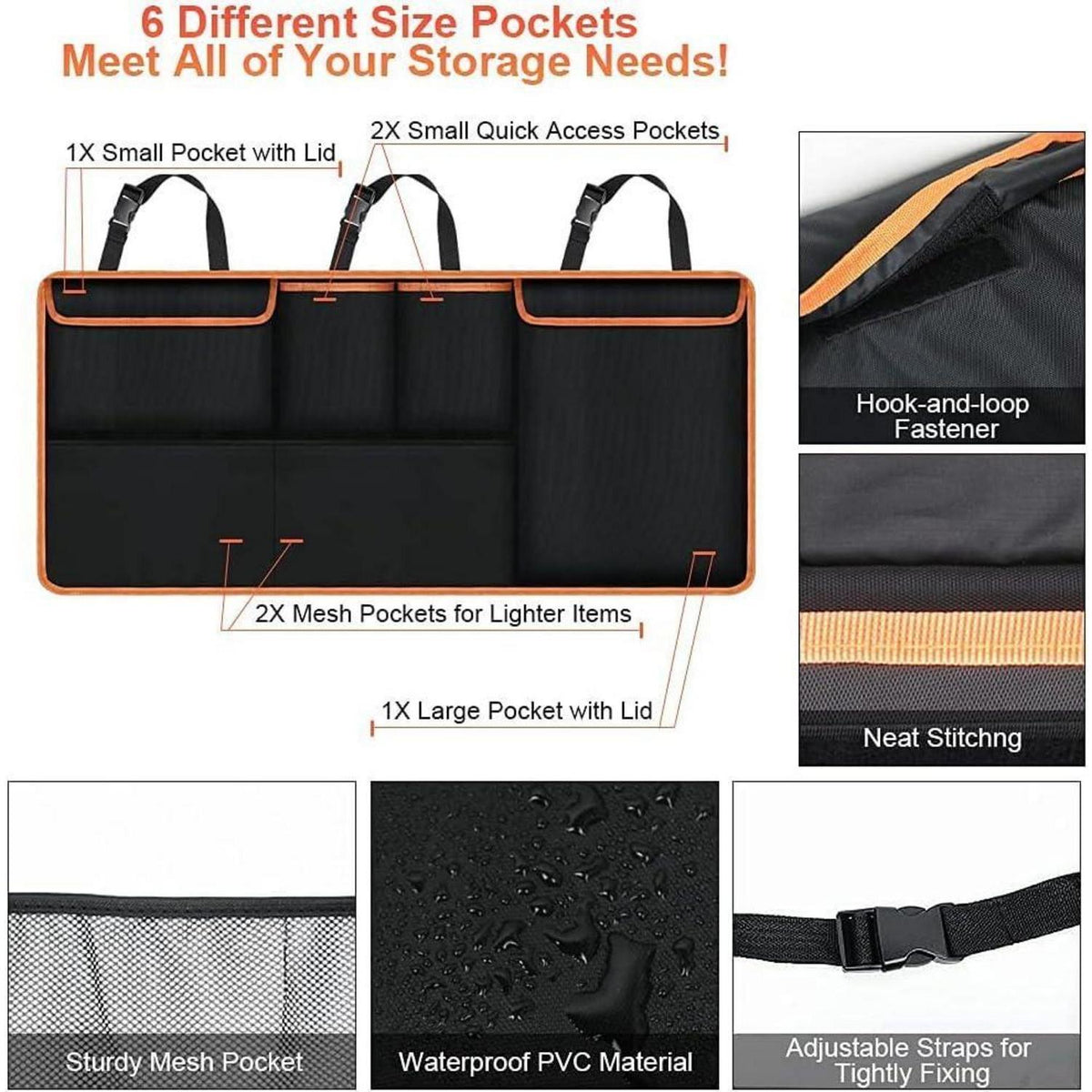 Kofferraum Organizer Orange 96x44 cm mit 6 Taschen