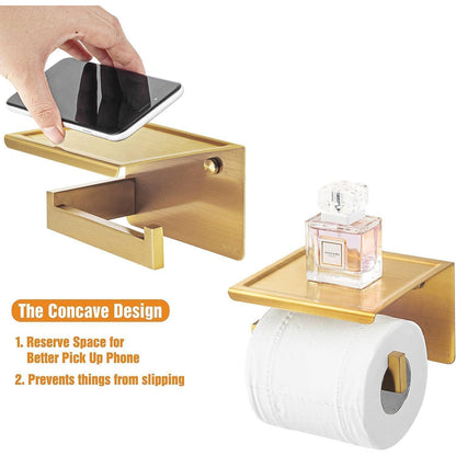 Toilettenpapierhalter mit Ablage, selbstklebend, Edelstahl gebürstet Gold
