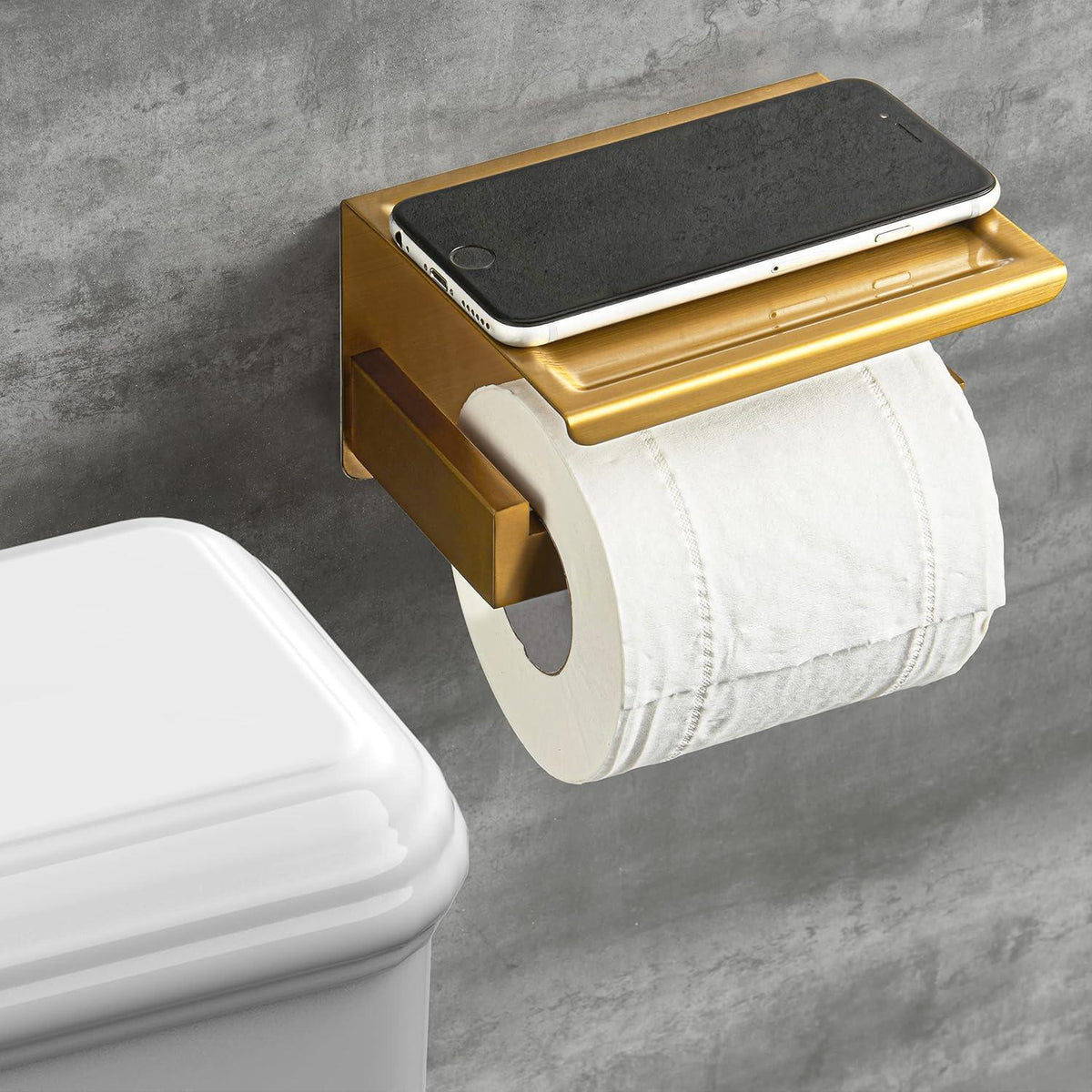 Toilettenpapierhalter mit Ablage, selbstklebend, Edelstahl gebürstet Gold