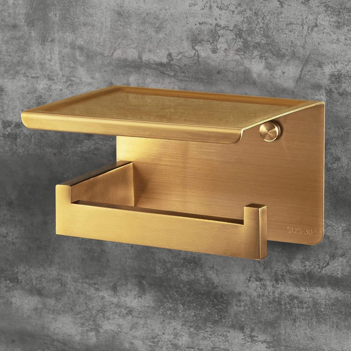 Toilettenpapierhalter mit Ablage, selbstklebend, Edelstahl gebürstet Gold