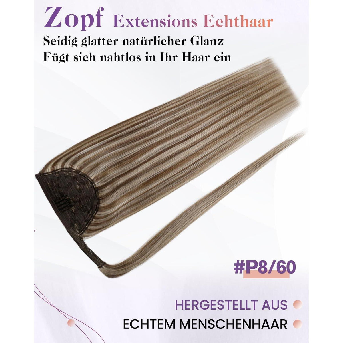 Echthaar Zopfverlängerung Braun mit Highlights 40cm