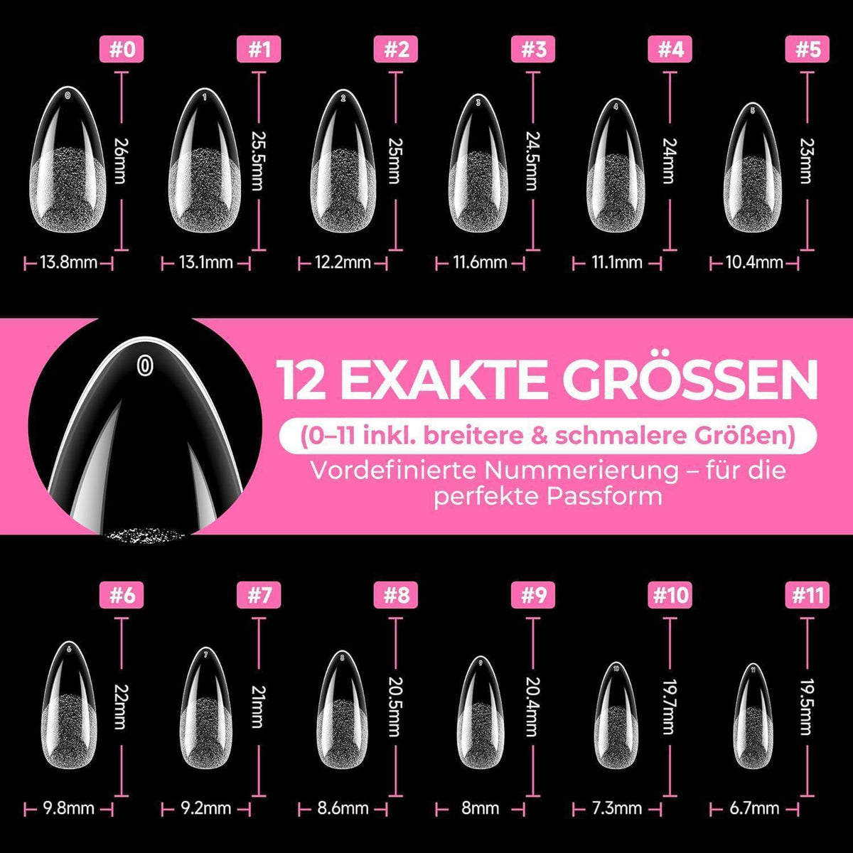 Mandel Nagelspitzen 216 Stück – 12 Größen für Gelnägel & Acryl