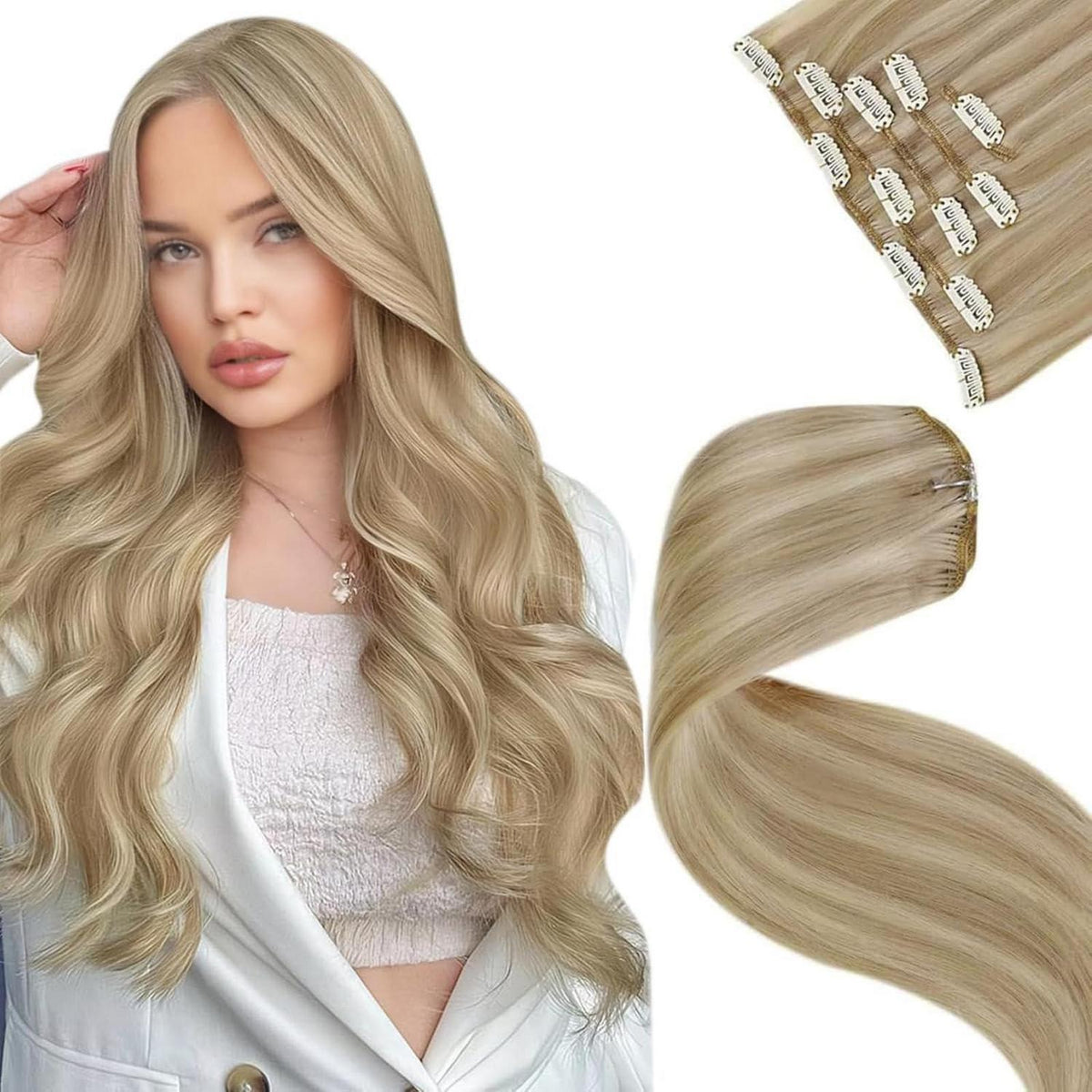 Echthaar Clip-Ins Blond Highlights 45cm - Remy Haarverlängerung