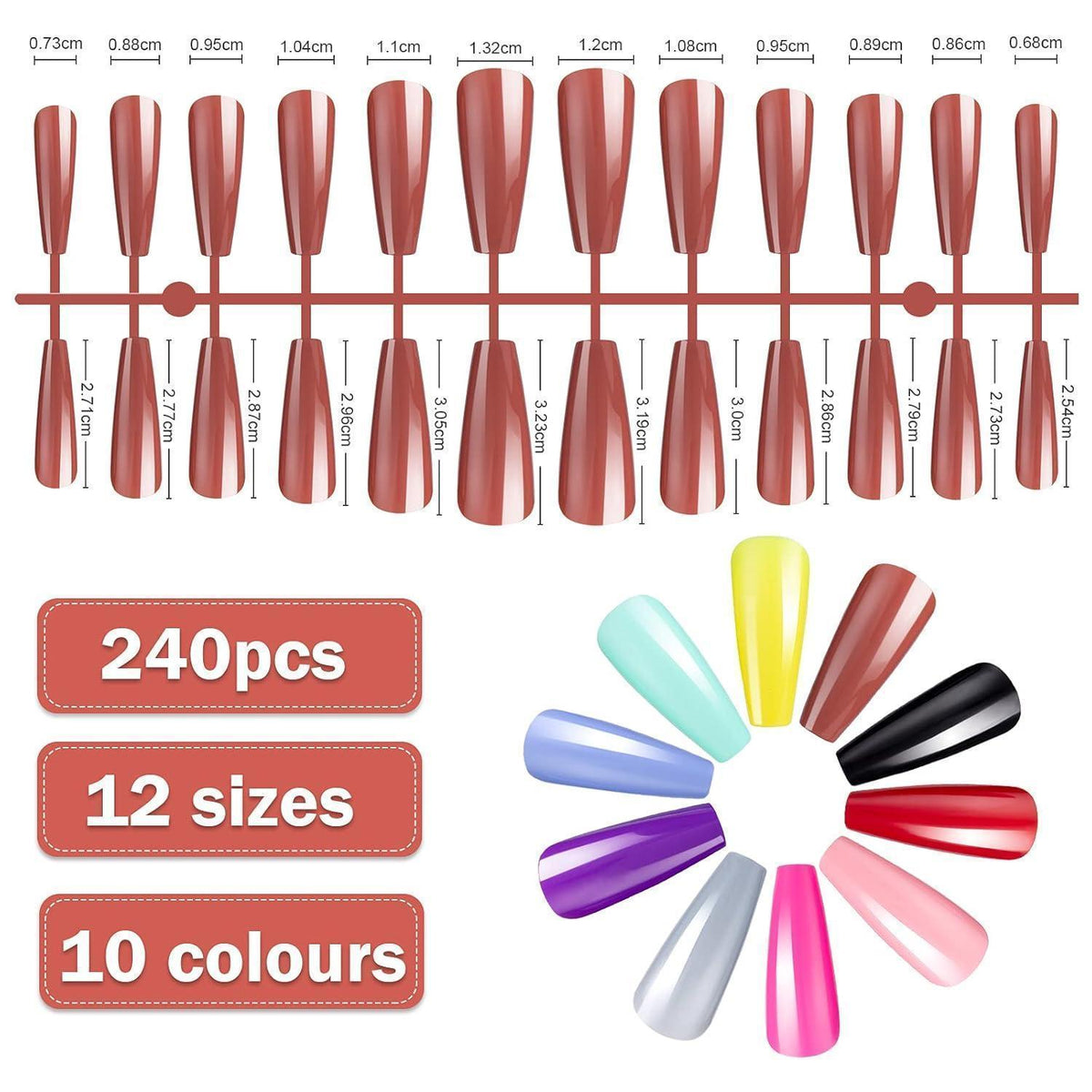 240 Extra Lange Ballerina Nägel – 10 Farben & 12 Größen