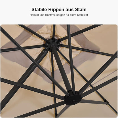 Großer Sonnenschirm 270x270cm beige Kurbel Drehbar Fußpedal Terrasse