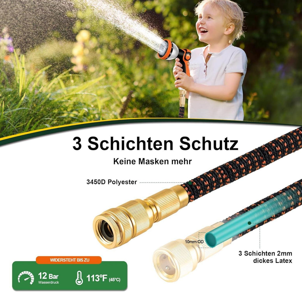 Flexibler Gartenschlauch 30m Latex Wasserschlauch 3 Lagig 3/4 Zoll