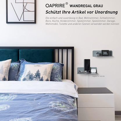 Acryl Wandregal Grau 2er Set mit Kabelclips, Bohrenfrei
