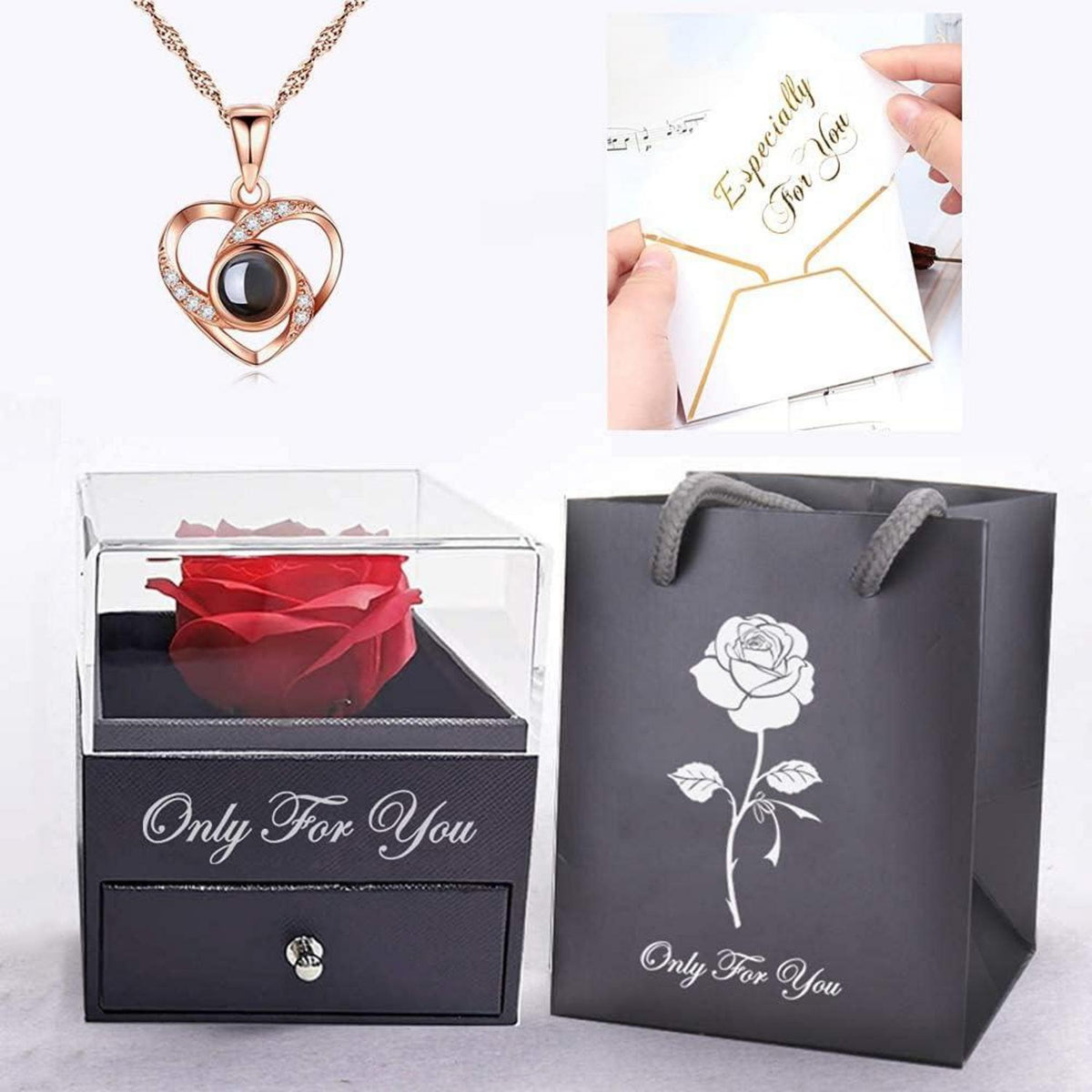 Handgefertigte Rosenschmuck Geschenkbox mit Love You Halskette für sie