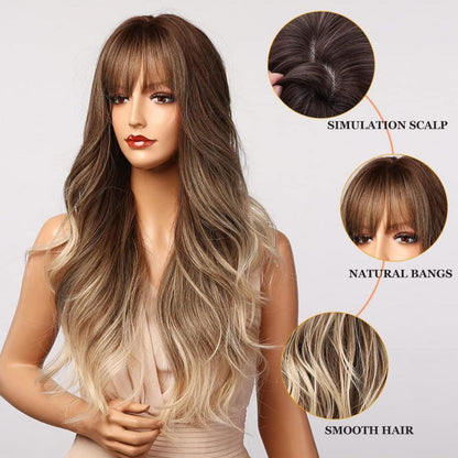 24 Zoll Lange Lockige Braun-Blonde Perücke mit Pony