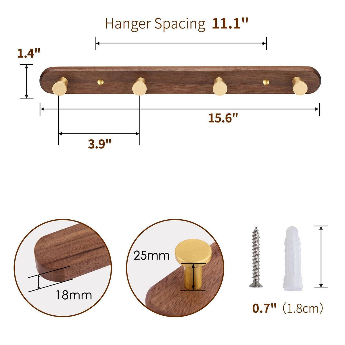 Wandgarderobe mit 4 Haken und Walnuss Holzsockel