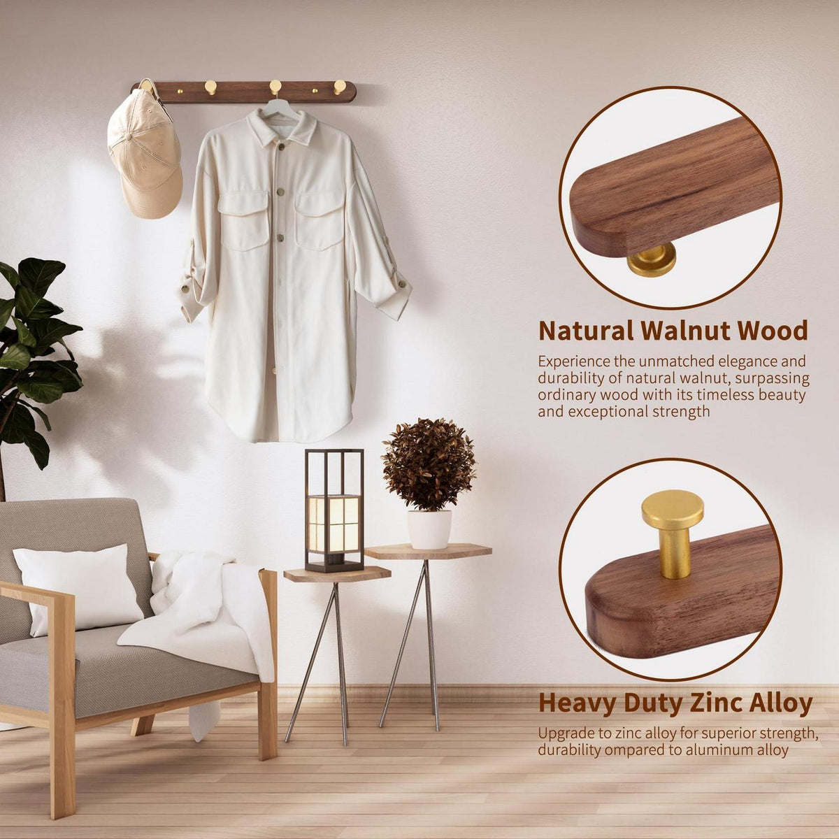 Wandgarderobe mit 4 Haken und Walnuss Holzsockel