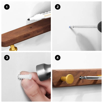 Wandgarderobe mit 4 Haken und Walnuss Holzsockel