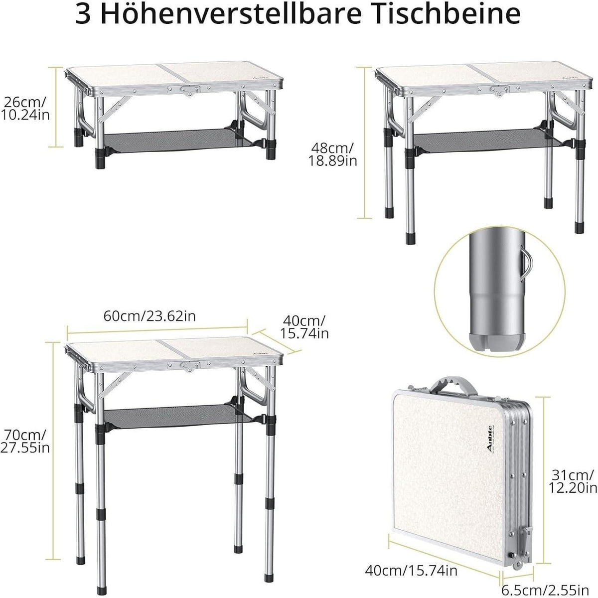Campingtisch klappbar 60x40cm, 3 Höhen, mit Aufbewahrungsnetz, Weiß