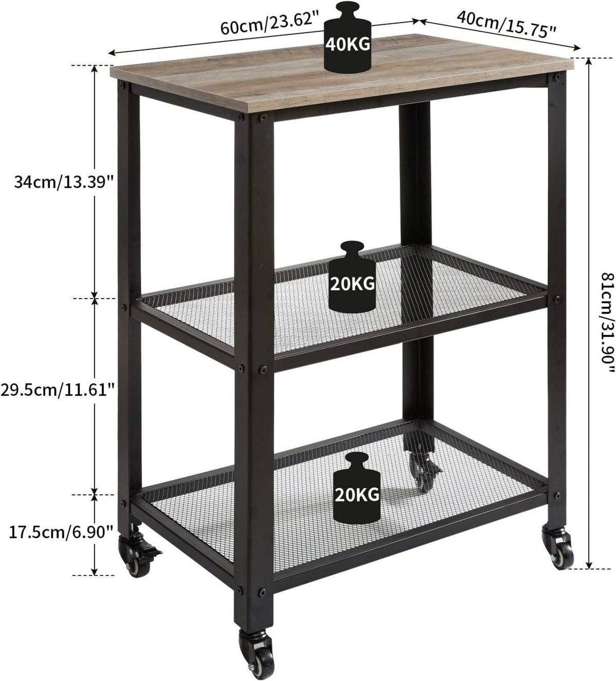 Servierwagen Rollwagen Küchenregal Stahl 3 Ablagen 60x40x81cm