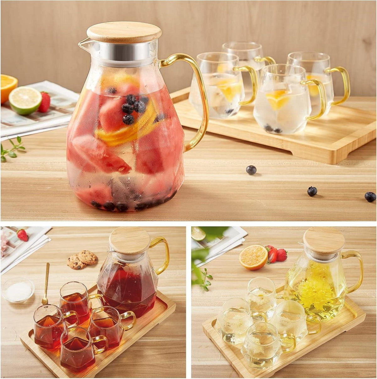 Glaskaraffe mit Deckel 2 Liter 4 Tassen Tablett Modernes Diamant