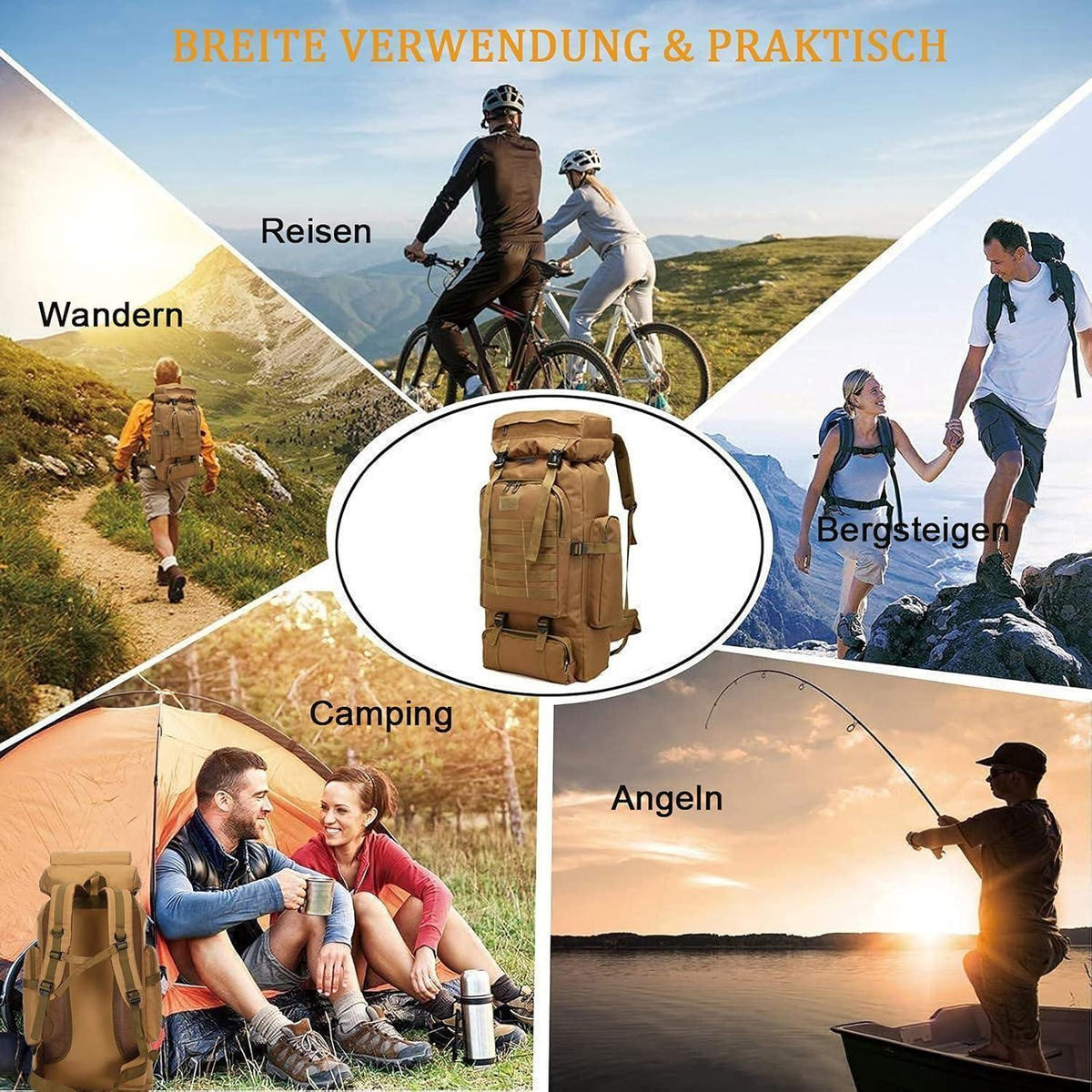 Großer Wanderrucksack 60-80L wasserdicht für Herren & Damen Khaki