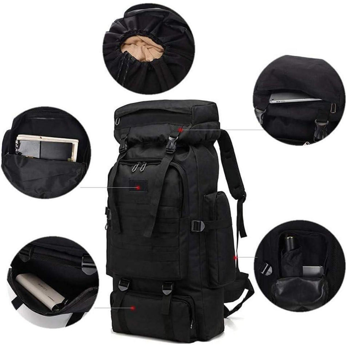 Großer Wanderrucksack 60-80L wasserdicht für Herren & Damen Schwarz