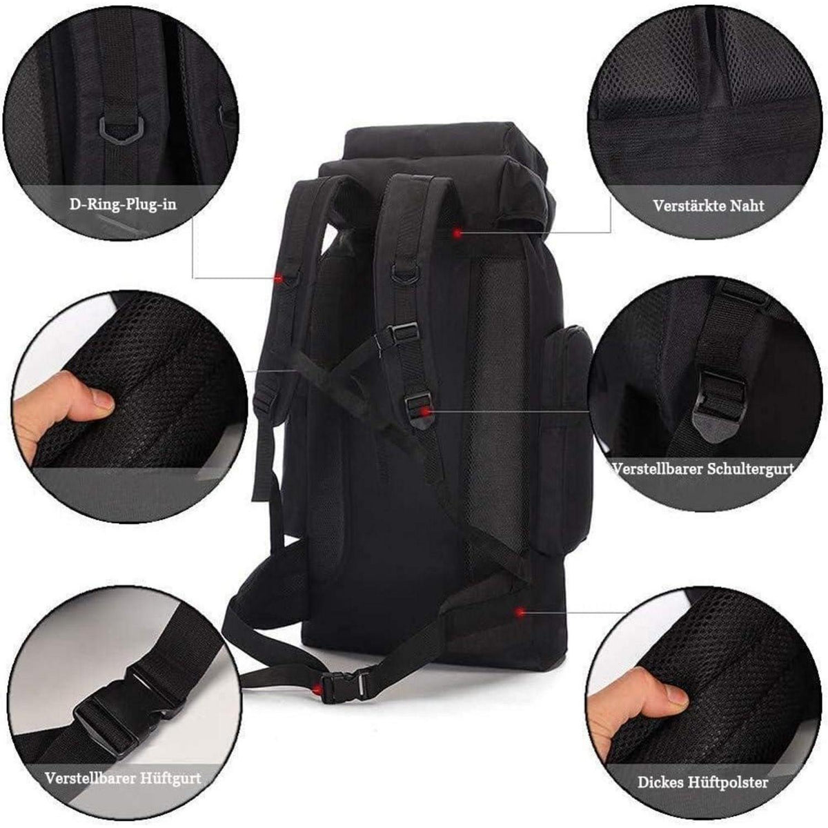 Großer Wanderrucksack 60-80L wasserdicht für Herren & Damen Schwarz