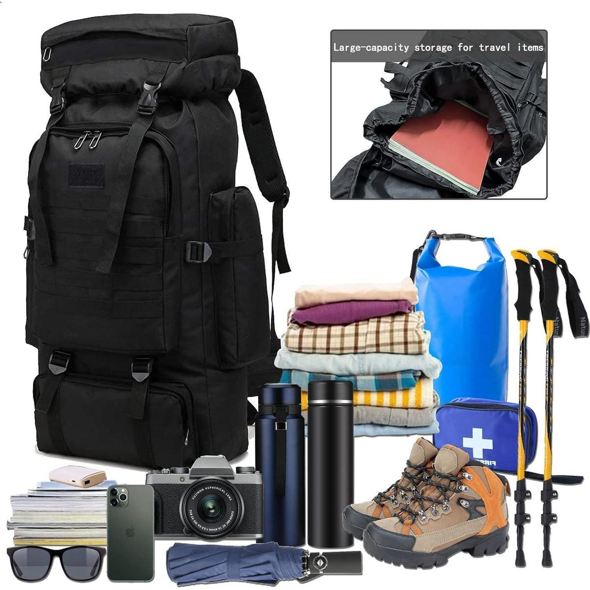 Großer Wanderrucksack 60-80L wasserdicht für Herren & Damen Schwarz