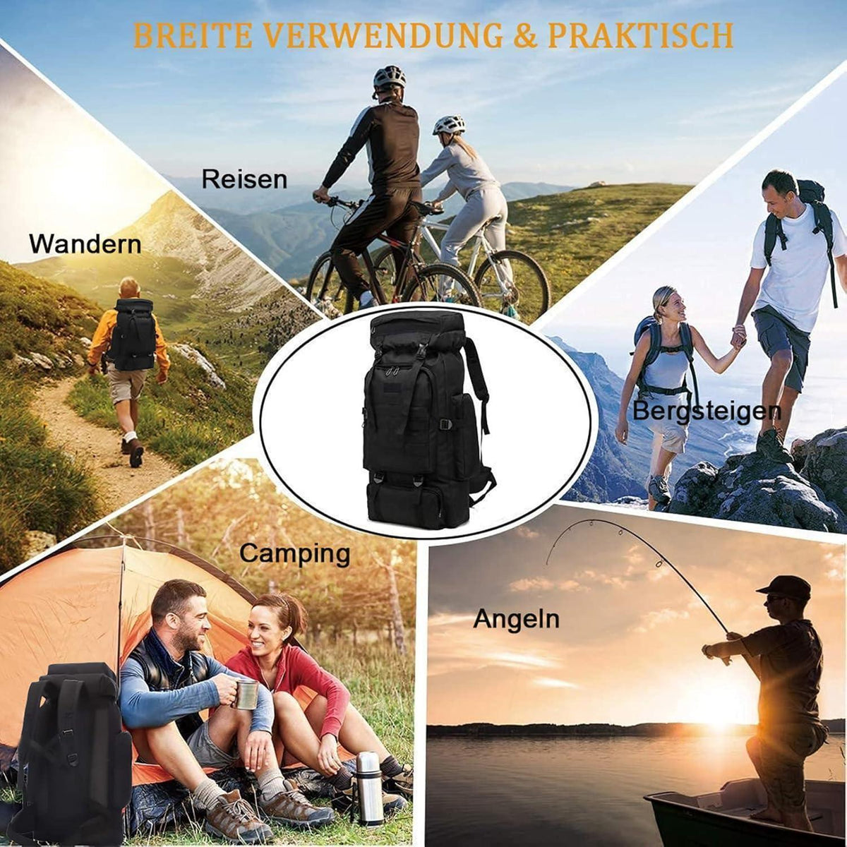 Großer Wanderrucksack 60-80L wasserdicht für Herren & Damen Schwarz