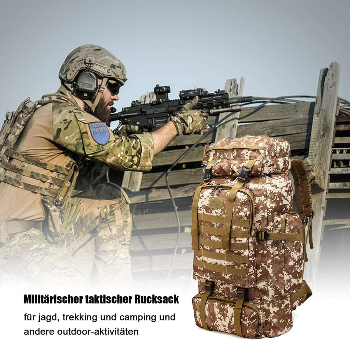 Großer Militär Rucksack 80l Camouflage Outdoor Wasserdicht Survival Trekking Rucksack